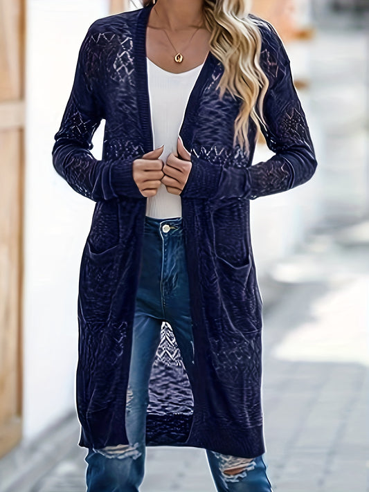  Hollow Out Long Sleeve Cardigan With Pockets
