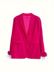  Solid Fuzzy Trim Long Sleeve Casual Blazer