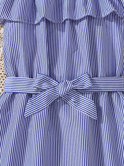 Girls' Striped Off Shoulder Slip Dress with Belt