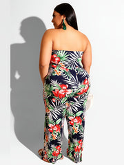  Tropical Print Strapless Jumpsuit