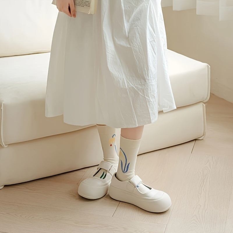 5 Pairs Cartoon Print Socks Comfy & Mid Tube Women's Stockings