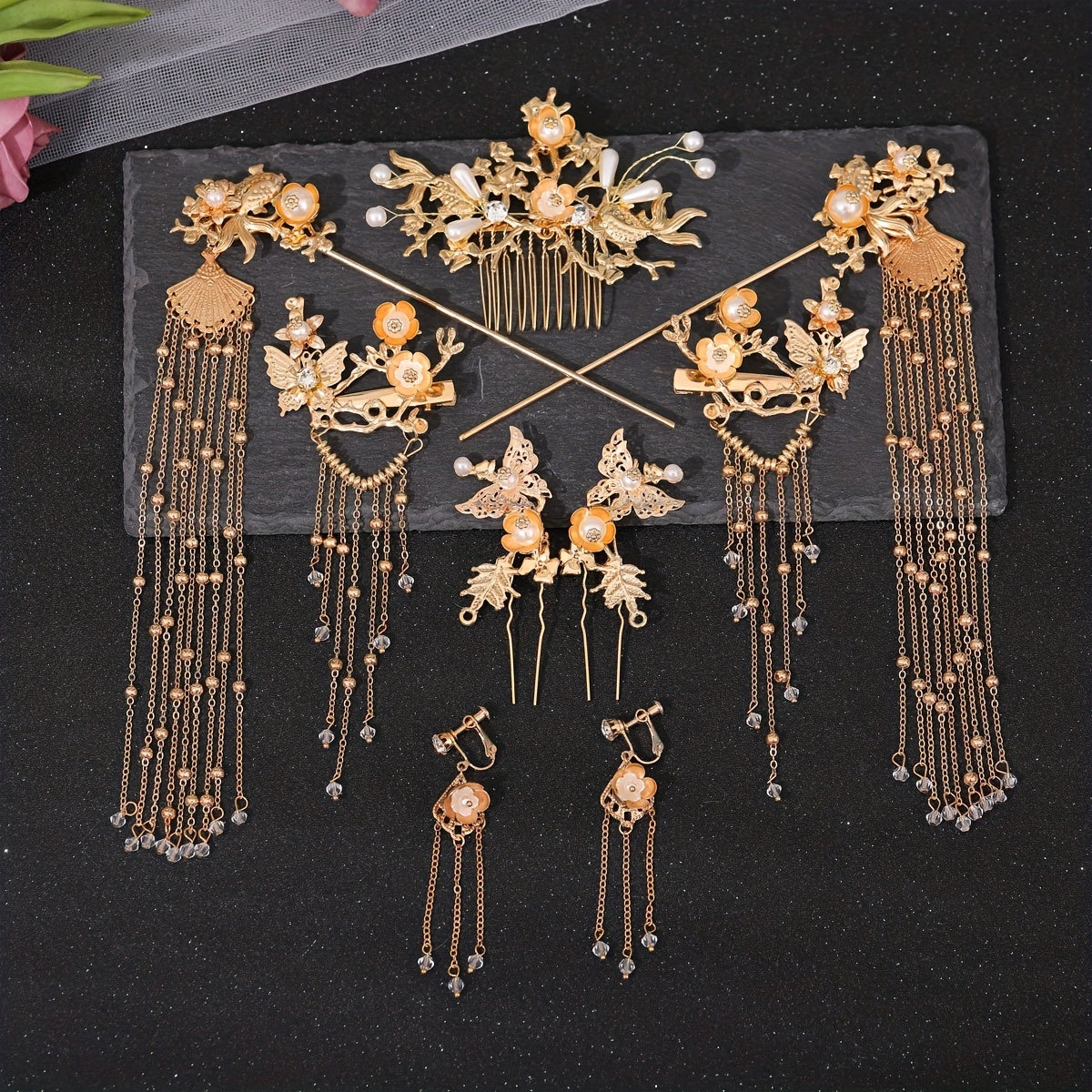 Golden Butterflies Hairpin Wedding Bride Hair Comb