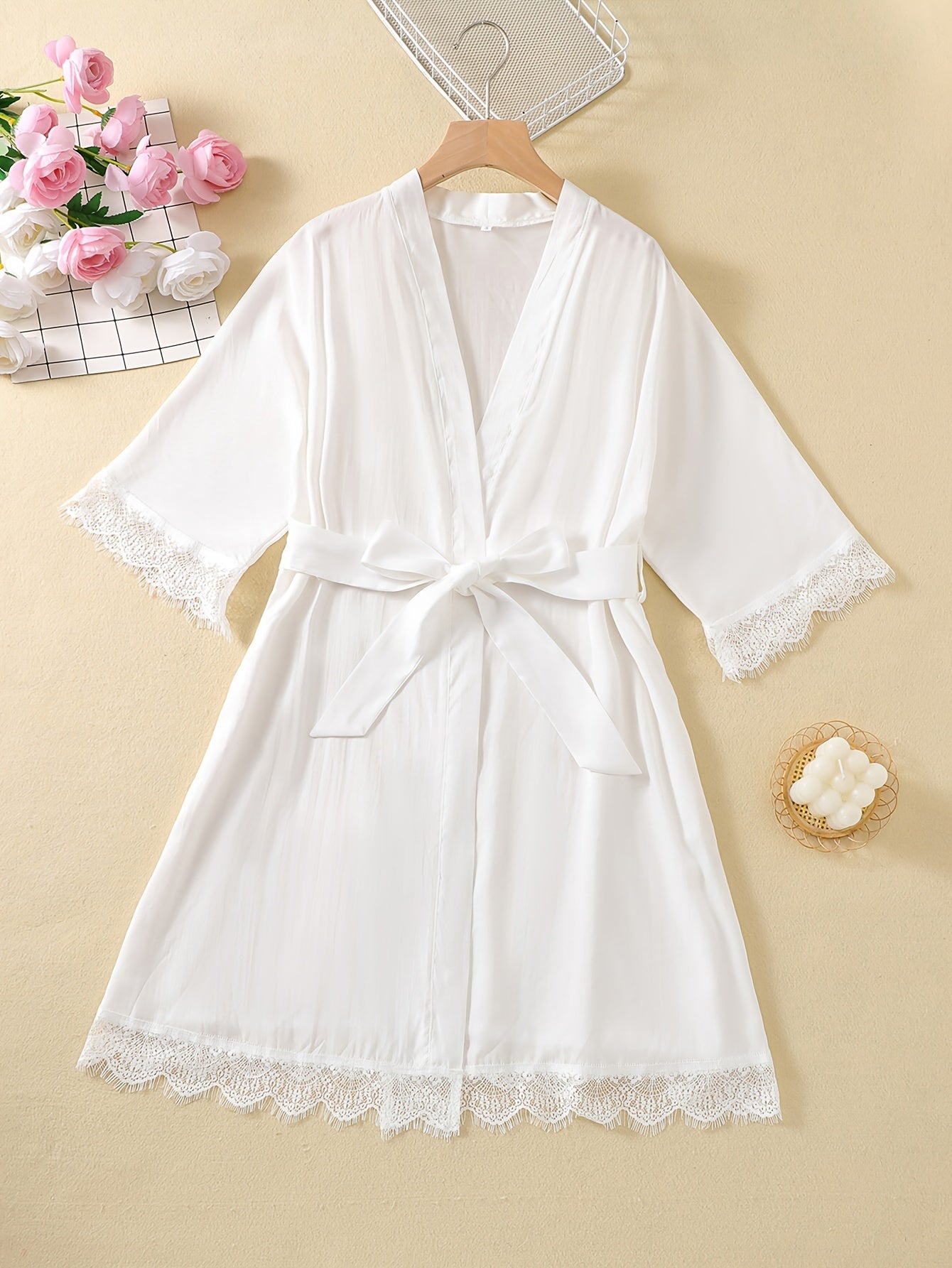 Lace Trim Night Robe Scallop Trim V Neck Robe With Belt Women's Sleepwear