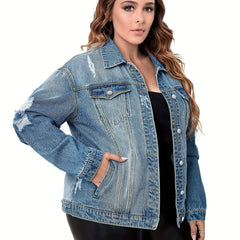 Women's Plus Size Casual Denim Top - Ripped Button Up Long Sleeve Jacket