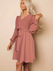 Women's Plus Solid Lantern Sleeve Mini Dress With Belt