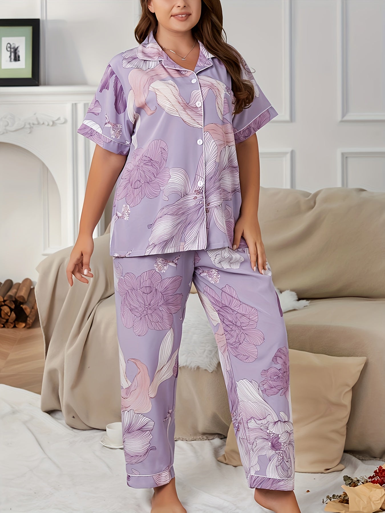 Floral Print Pajama Set Short Sleeve Button Up Shirt & Pants Lounge S