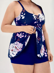  Boho Tankini Set Floral Print Lace Up Scoop Neck