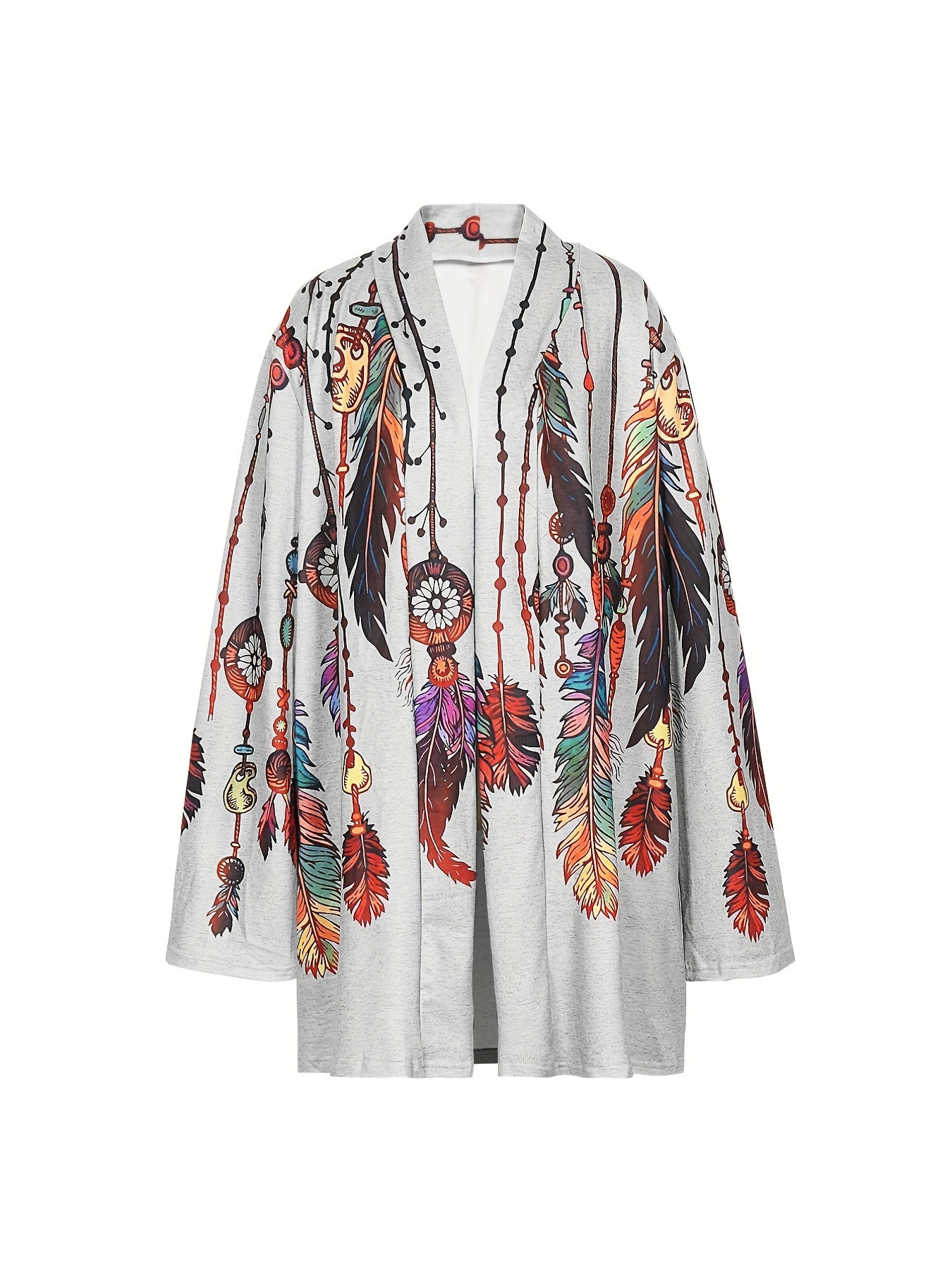 Boho Feather Print Plus Size Cardigan