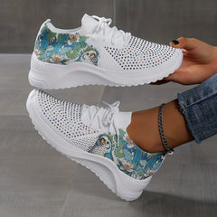 Women's Rhinestone Decor Knit Sports Shoes Lace Up Sneakers