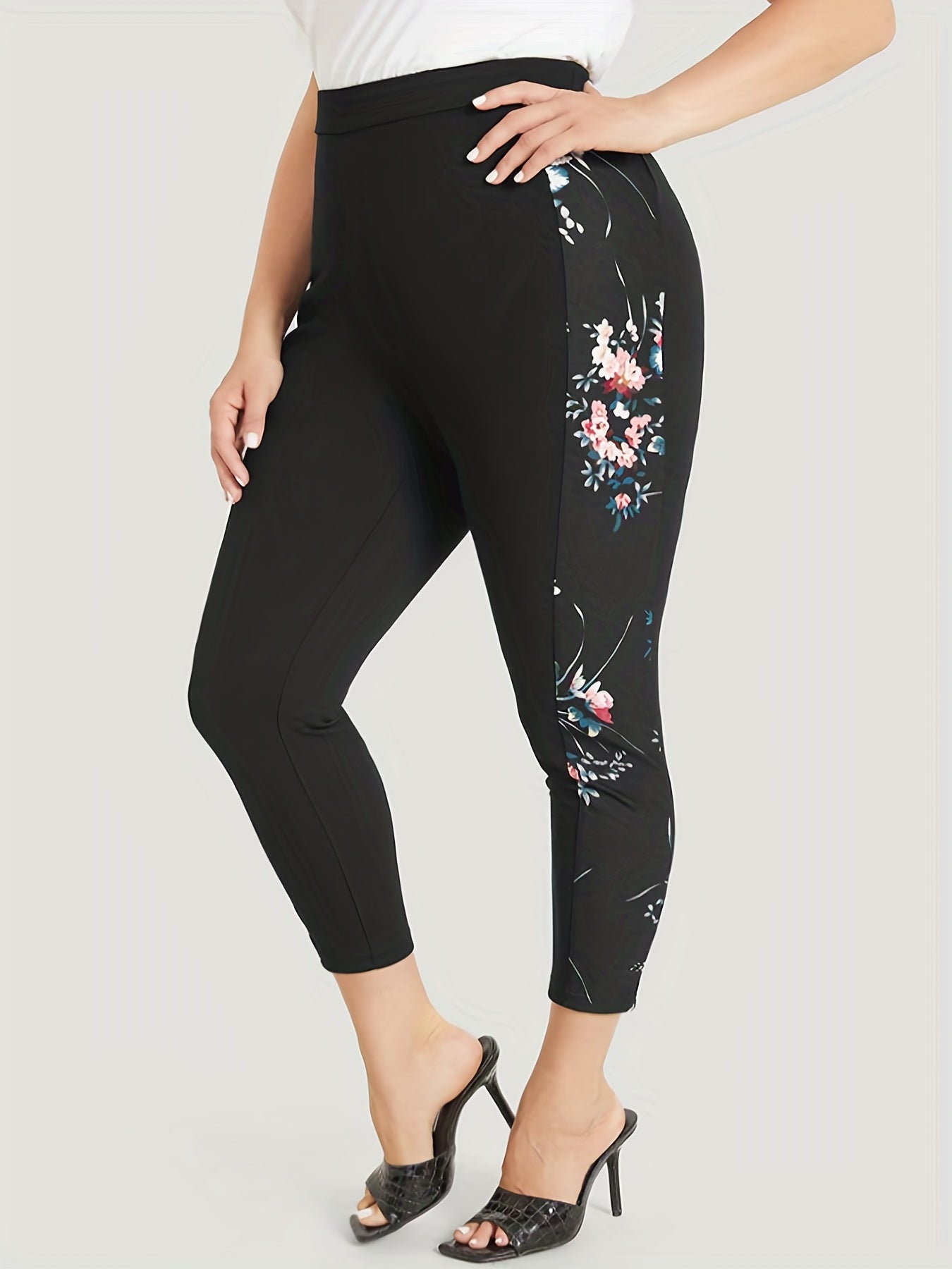  Colorblock Floral Print High Rise Crop Leggings