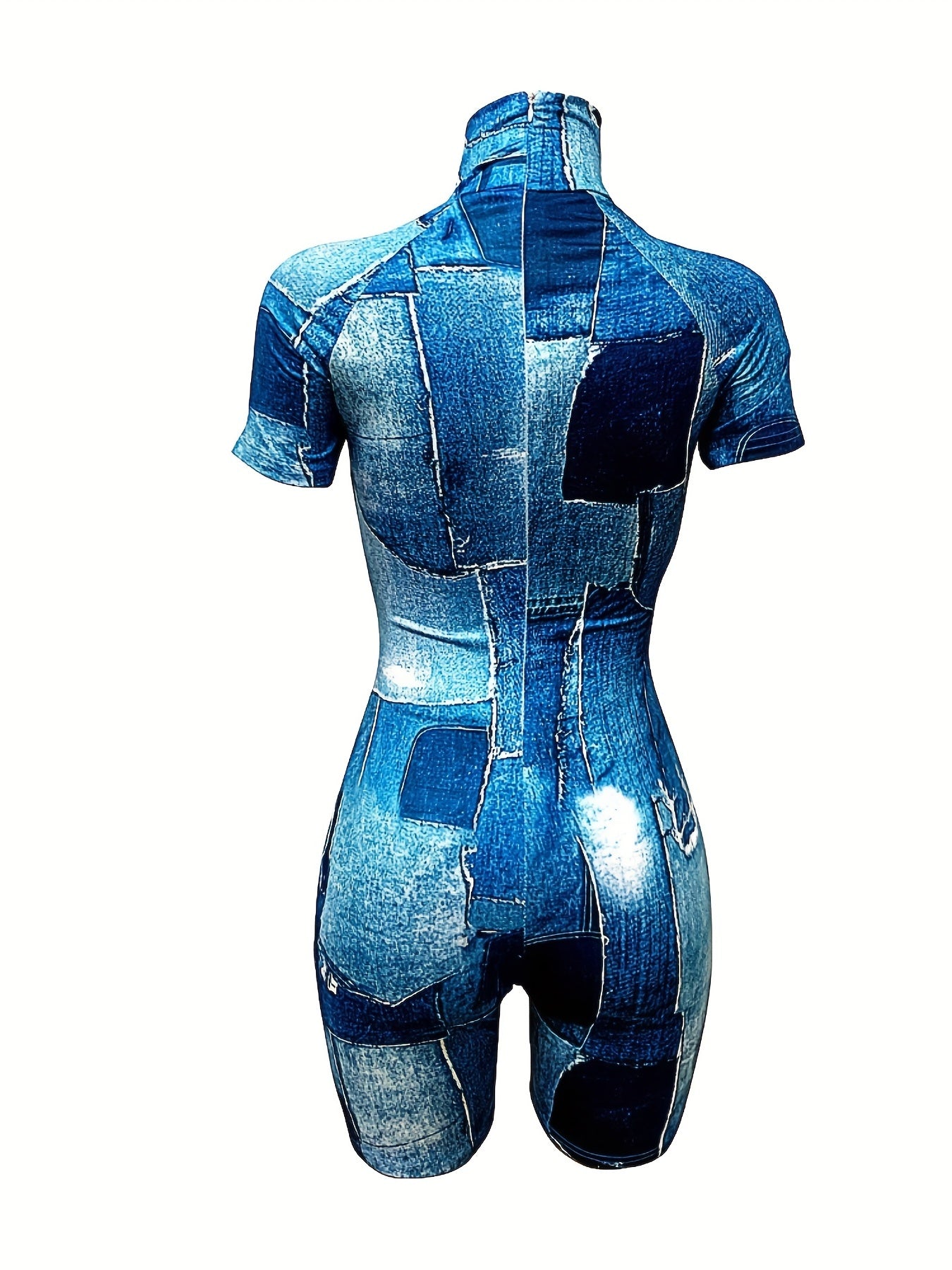Denim Print Mock Neck Romper Jumpsuit Short Sleeve