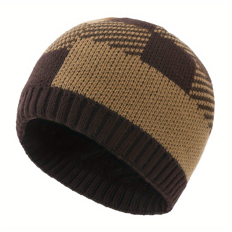 Winter Fleece Lining Plaid Knitted Beanie Hat for Men & Women
