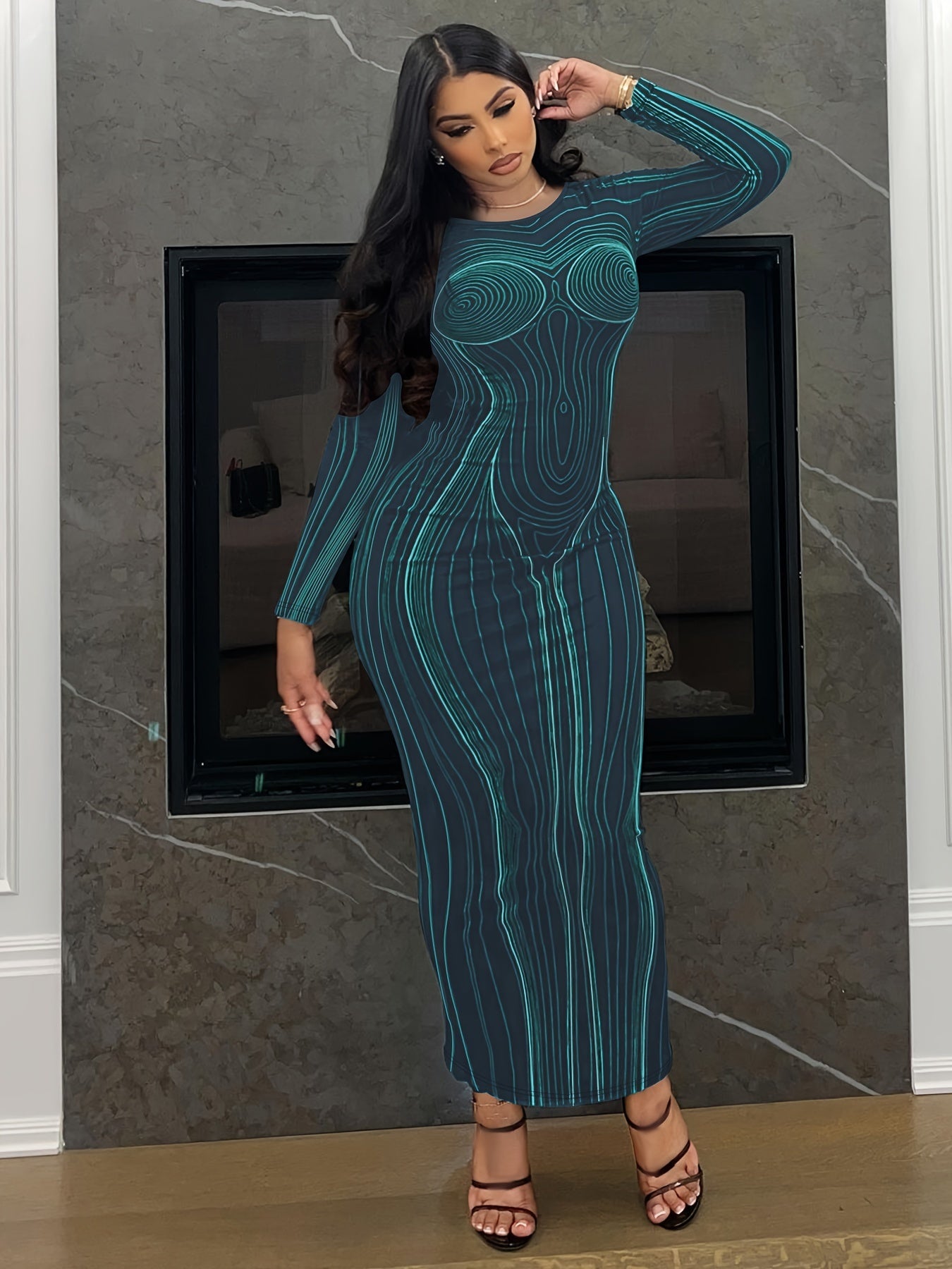  Sexy Stripe Print Long Sleeve Round Neck Maxi Dress
