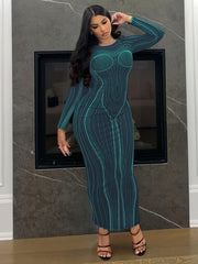  Sexy Stripe Print Long Sleeve Round Neck Maxi Dress