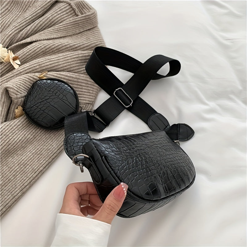 Crocodile Embossed Shoulder Bag with Coin Bag - Stylish Crossbody Bag