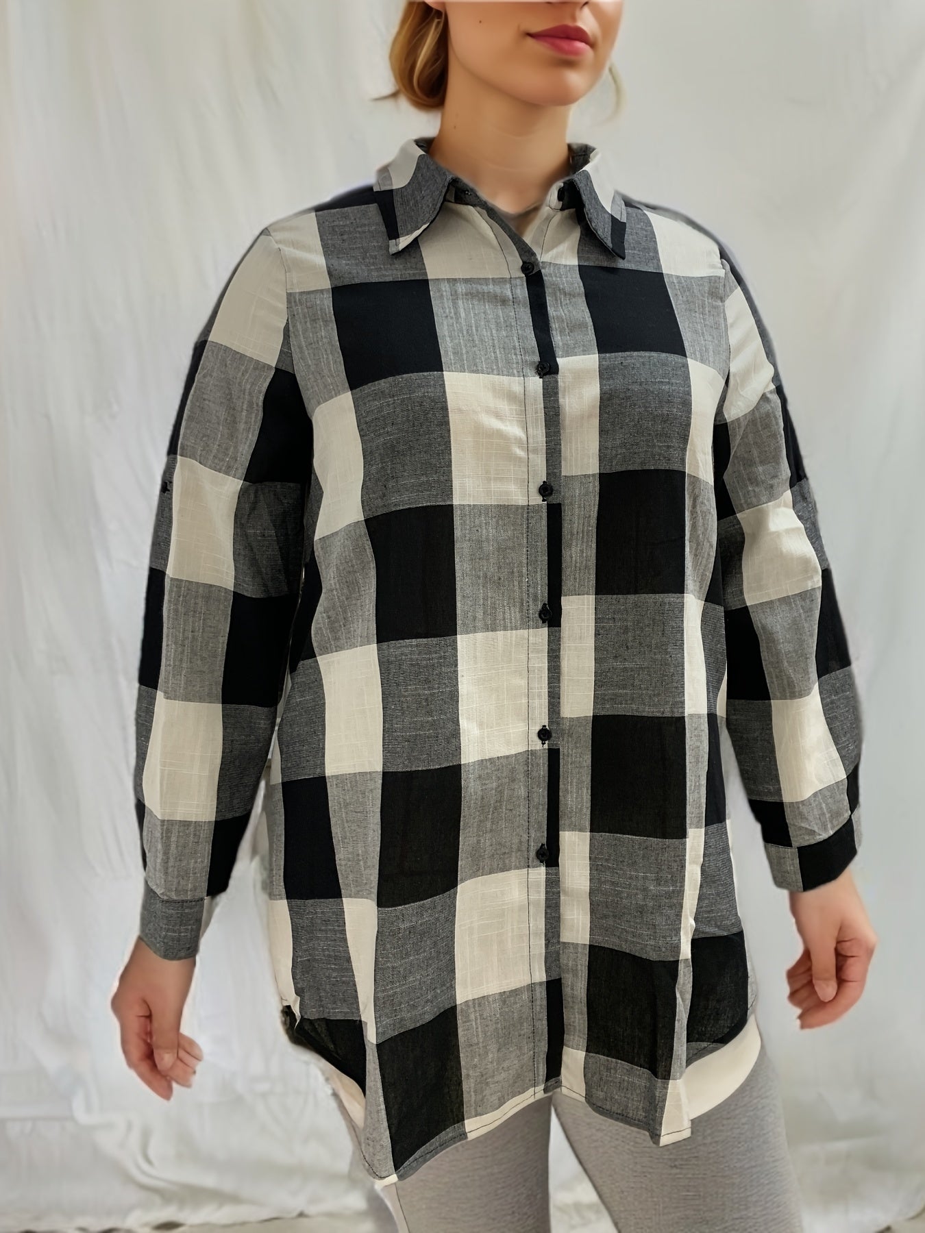  Gingham Print Button Up Long Sleeve Blouse