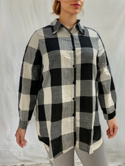  Gingham Print Button Up Long Sleeve Blouse