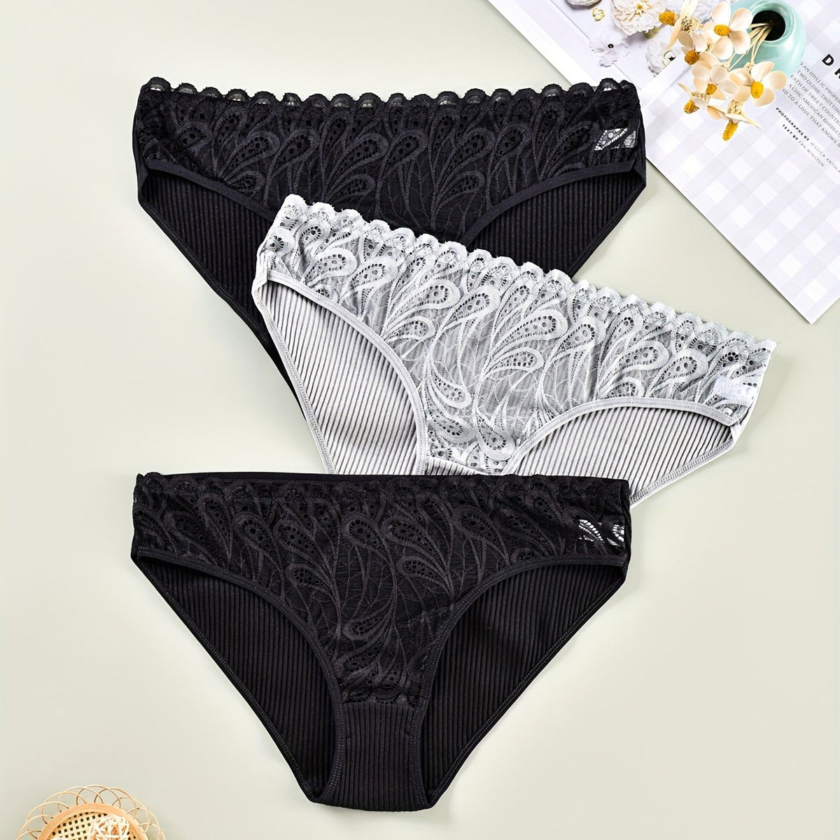 3 Pack Plus Size Panties Set Contrast Lace Briefs
