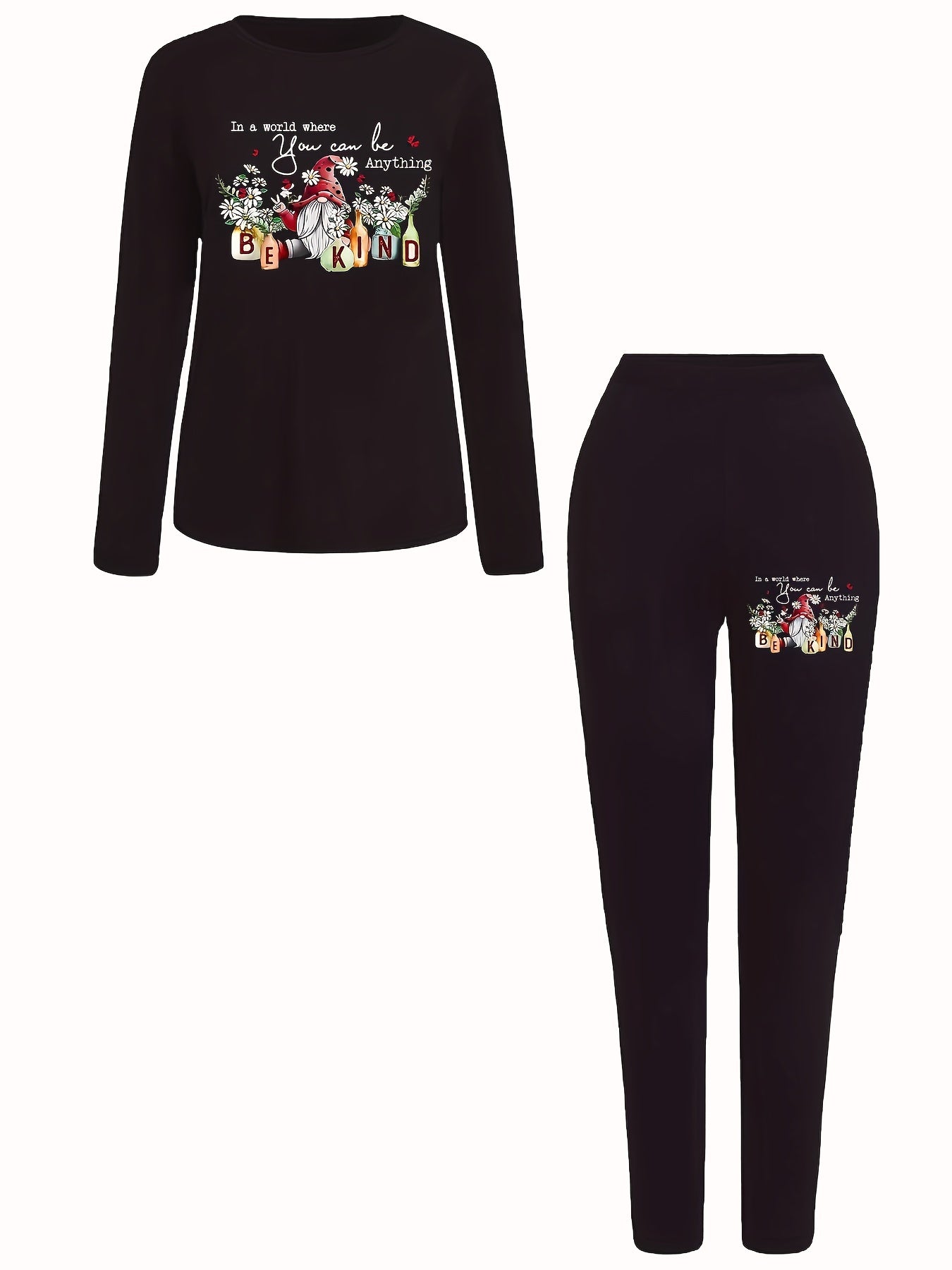  Dwarf & Slogan Print Long Sleeve Top & Leggings Set