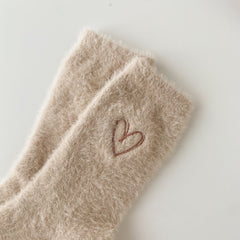 5 Pairs Heart Embroidery Socks Warm & Comfy Fuzzy Stockings