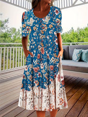 Floral Print Short Sleeve Round Neck Dress With Pockets