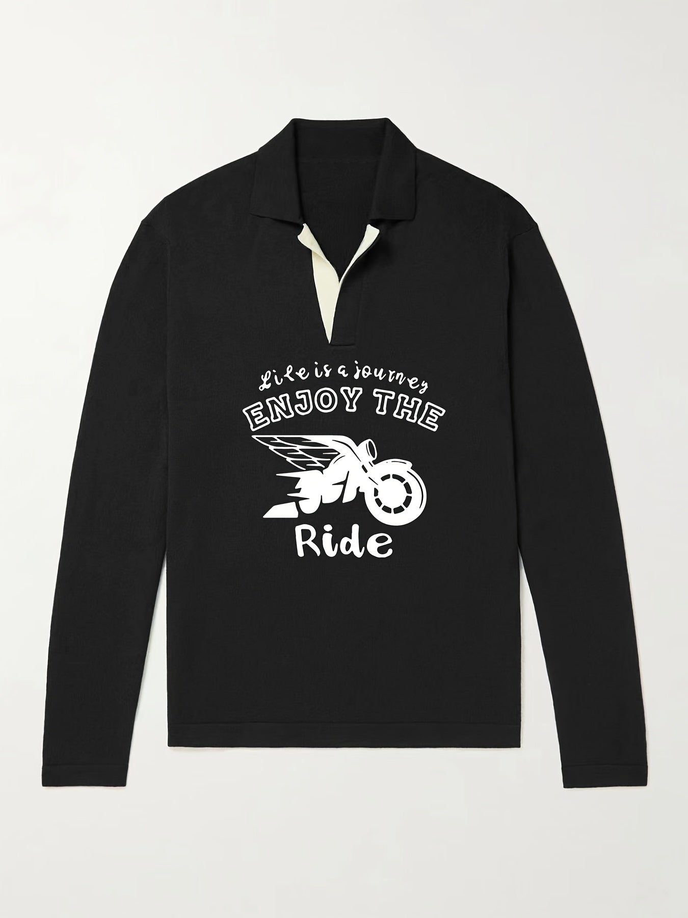 Men's Motorcycle Pattern Knit Polo Shirt V Neck Pullover Sweater