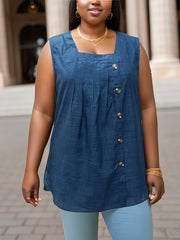  Solid Button Detail Square Neck Tunic Tank Top