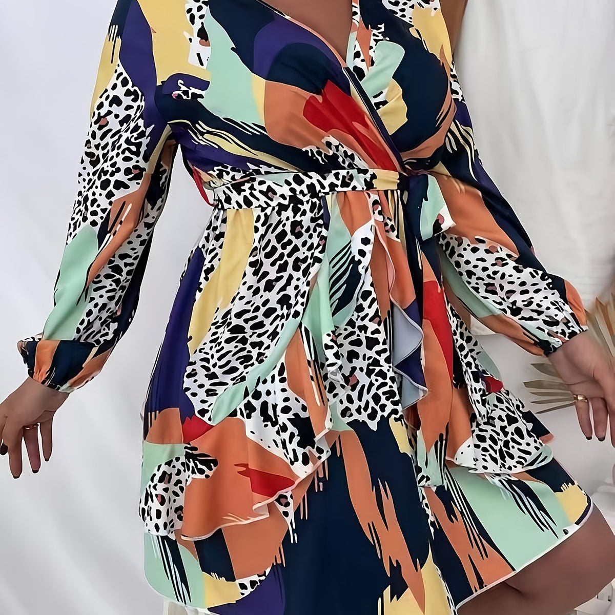  Colorblock Leopard Print Long Sleeve Mini Dress