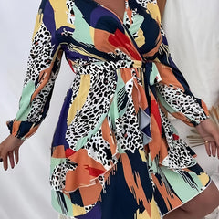  Colorblock Leopard Print Long Sleeve Mini Dress