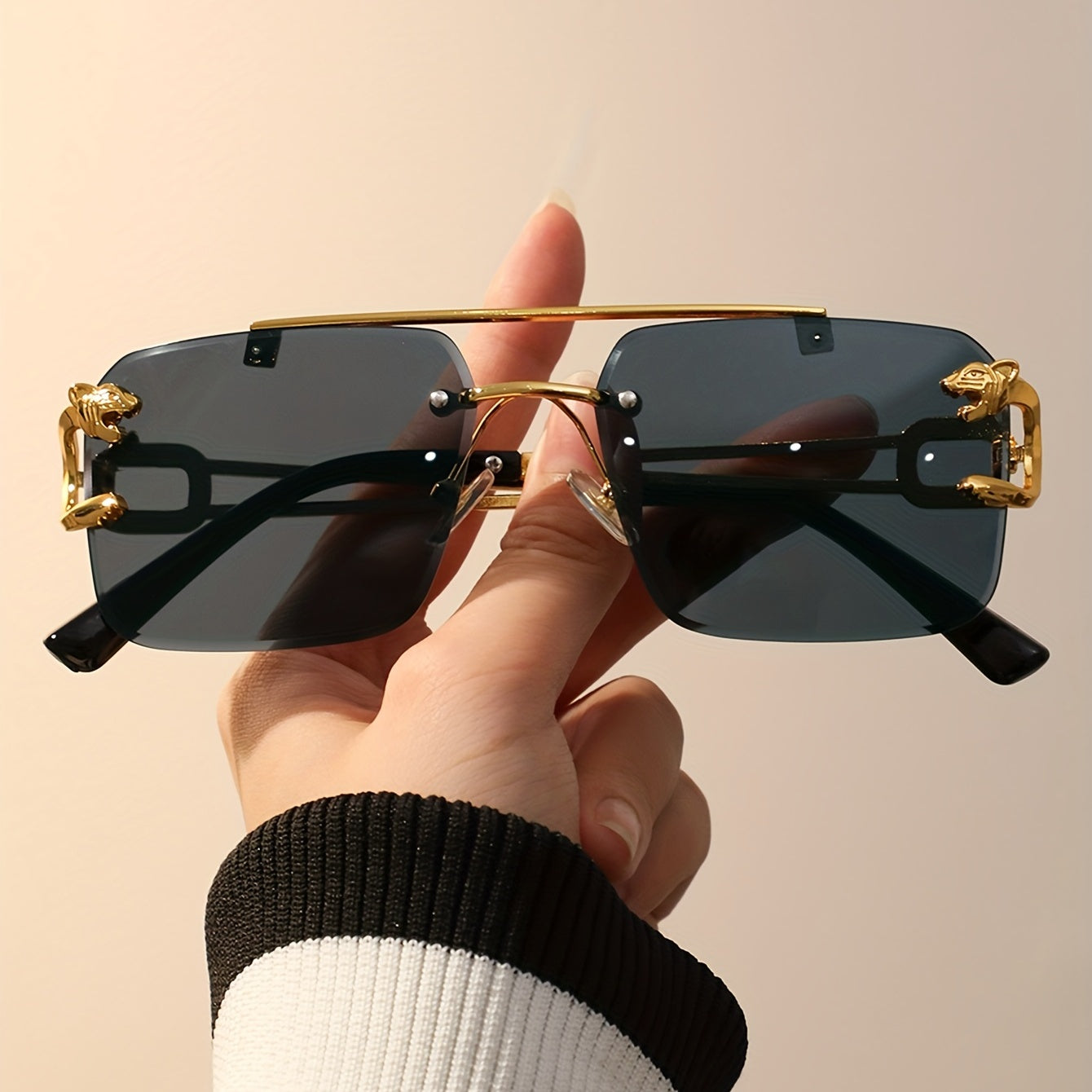 Leopard Charm Sunglasses Top Bar Rimless Metal Sun Shades UV400