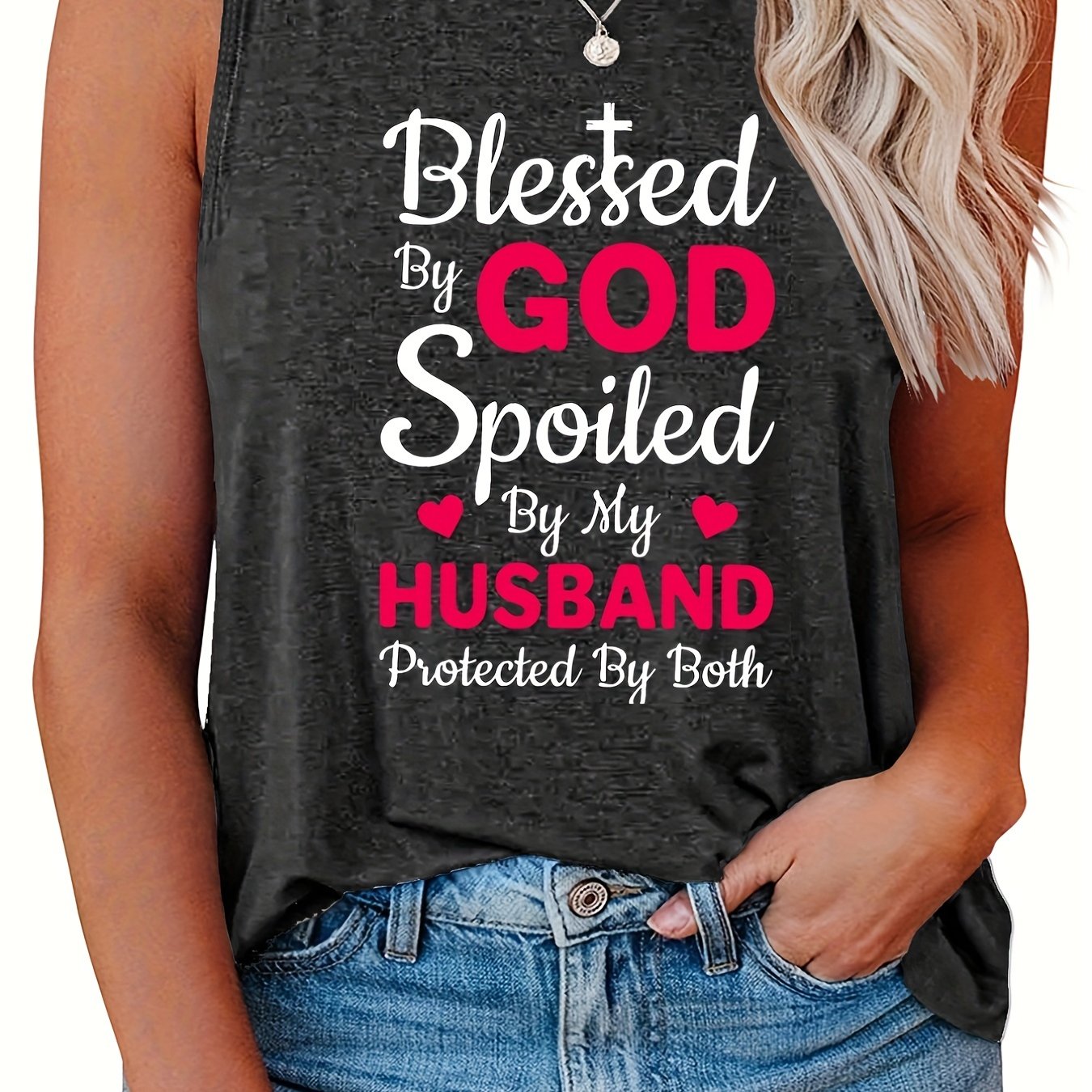  Heart & Letter Print Tank Top Round Neck