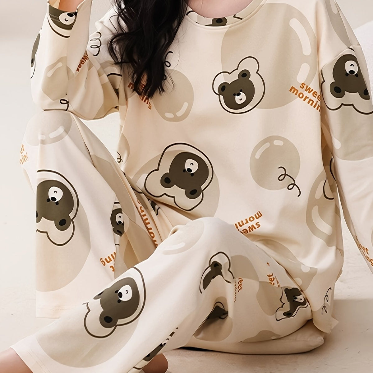 Bear Print Pajama Set Long Sleeve Crew Neck Top & Lounge Pants