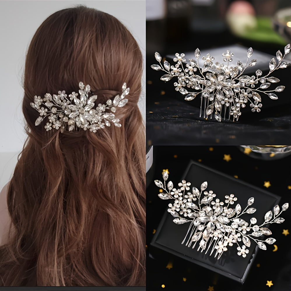 Flower Pearl Bridal Comb Crystal Wedding Comb Floral Pearl Rhinestone Comb