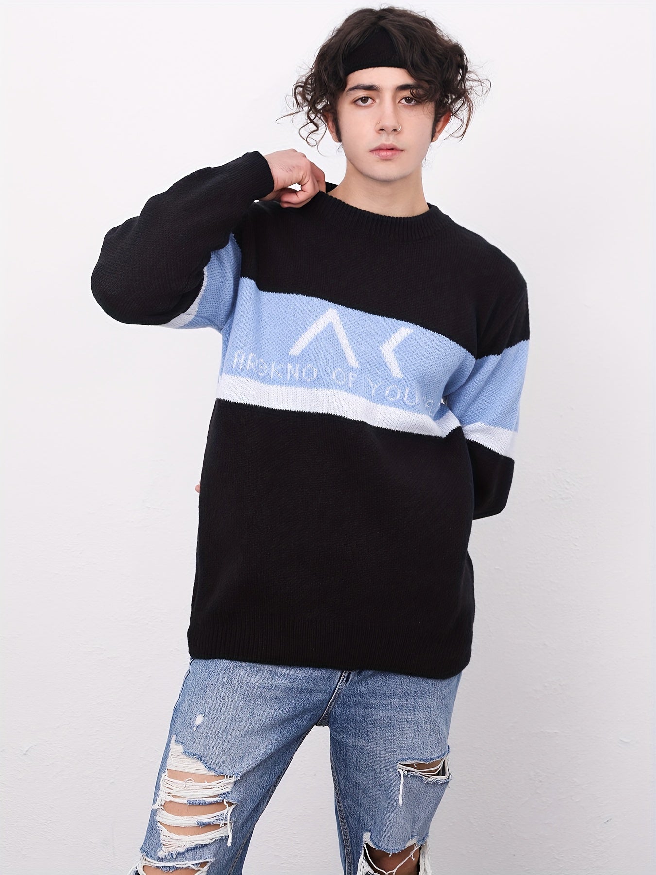 Men's Knitted Block Sweater Warm Winter Pullover