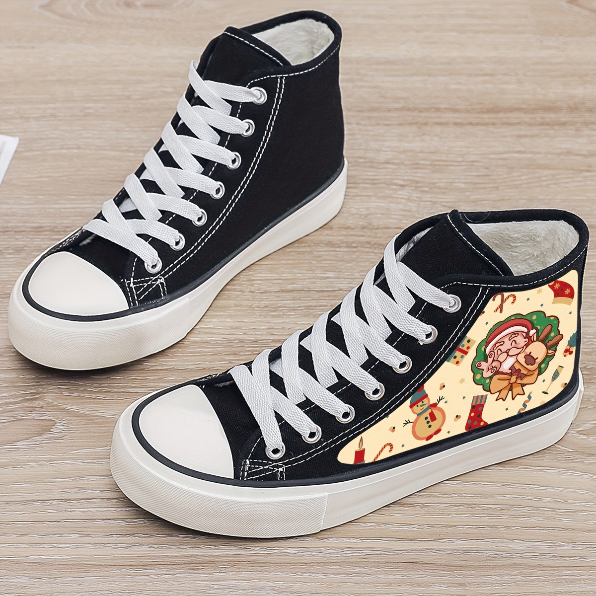 Christmas Santa Print Plush Lined Canvas Sneakers