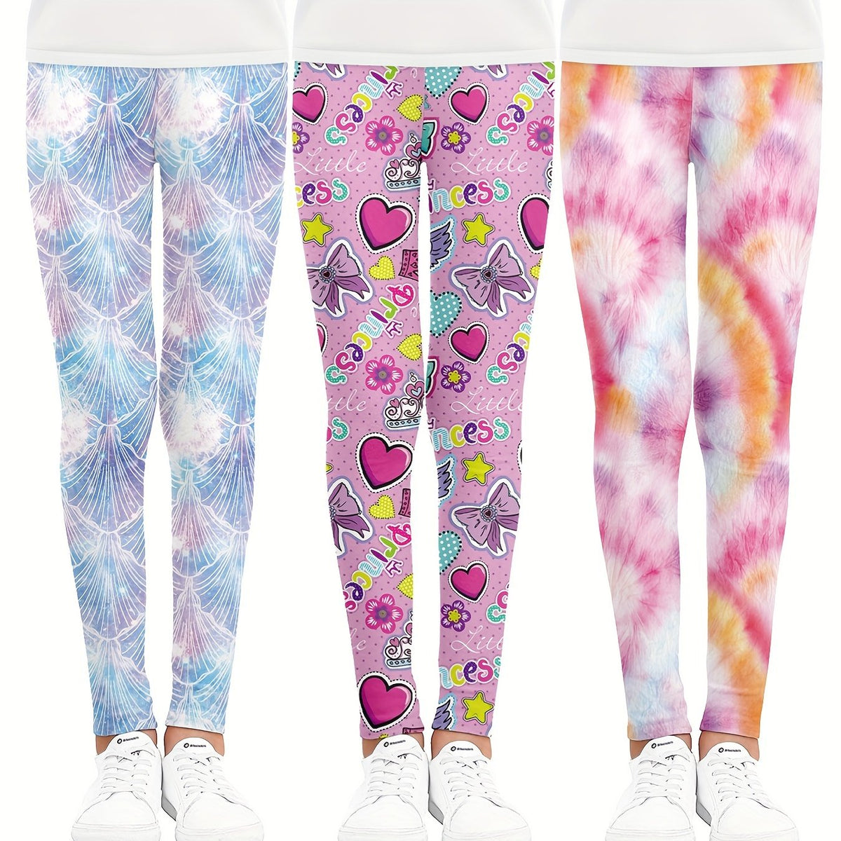 3pcs Girls Bow Heart Fish Scale Tie Dye Athletic Workout Leggings