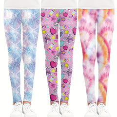 3pcs Girls Bow Heart Fish Scale Tie Dye Athletic Workout Leggings