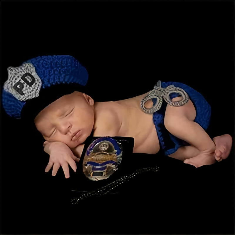2pcs Policeman Baby Crochet Costume Photography Props Newborn Hat Shorts Outfits