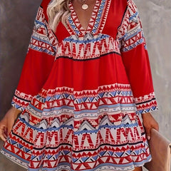 Women's Plus Geometric Print Long Sleeve V Neck A line Dress
