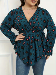  Leopard Print Flounce Sleeve V Neck Peplum Top