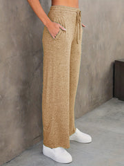  Solid Drawstring Loose Straight Leg Pants