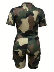  Camo Print Short Sleeve Crop Top & Shorts Set