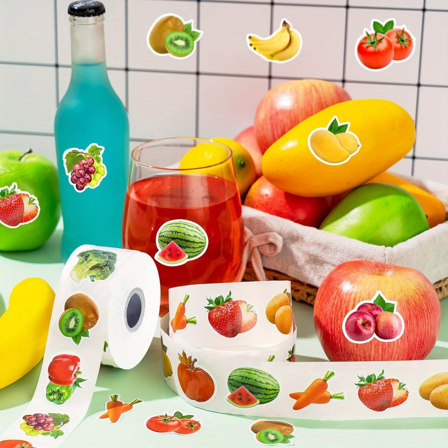 500pcs Fruit Vegetable Stickers 8 Styles Food Stickers Colorful Waterproof
