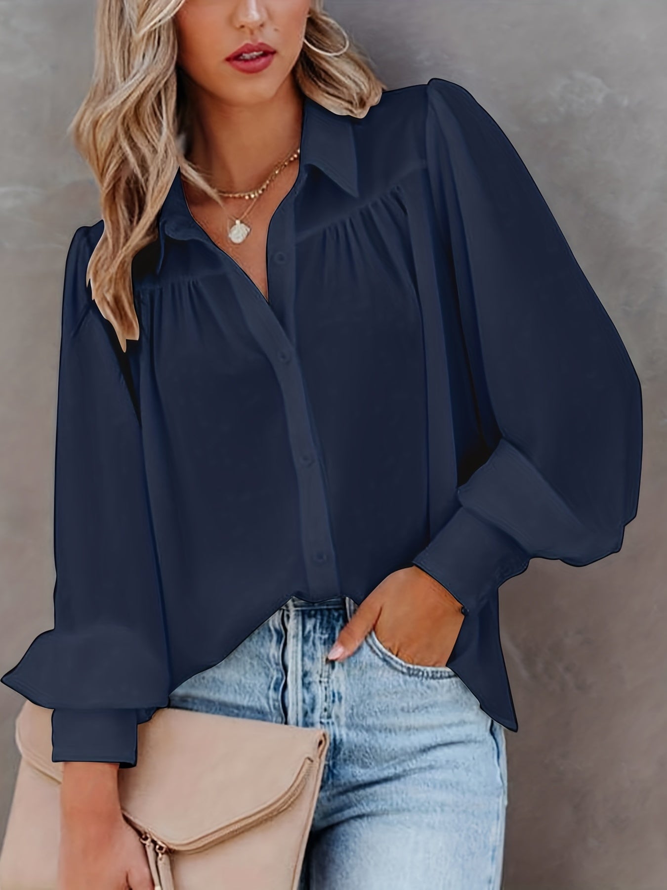  Solid Button Up Lantern Sleeve Blouse
