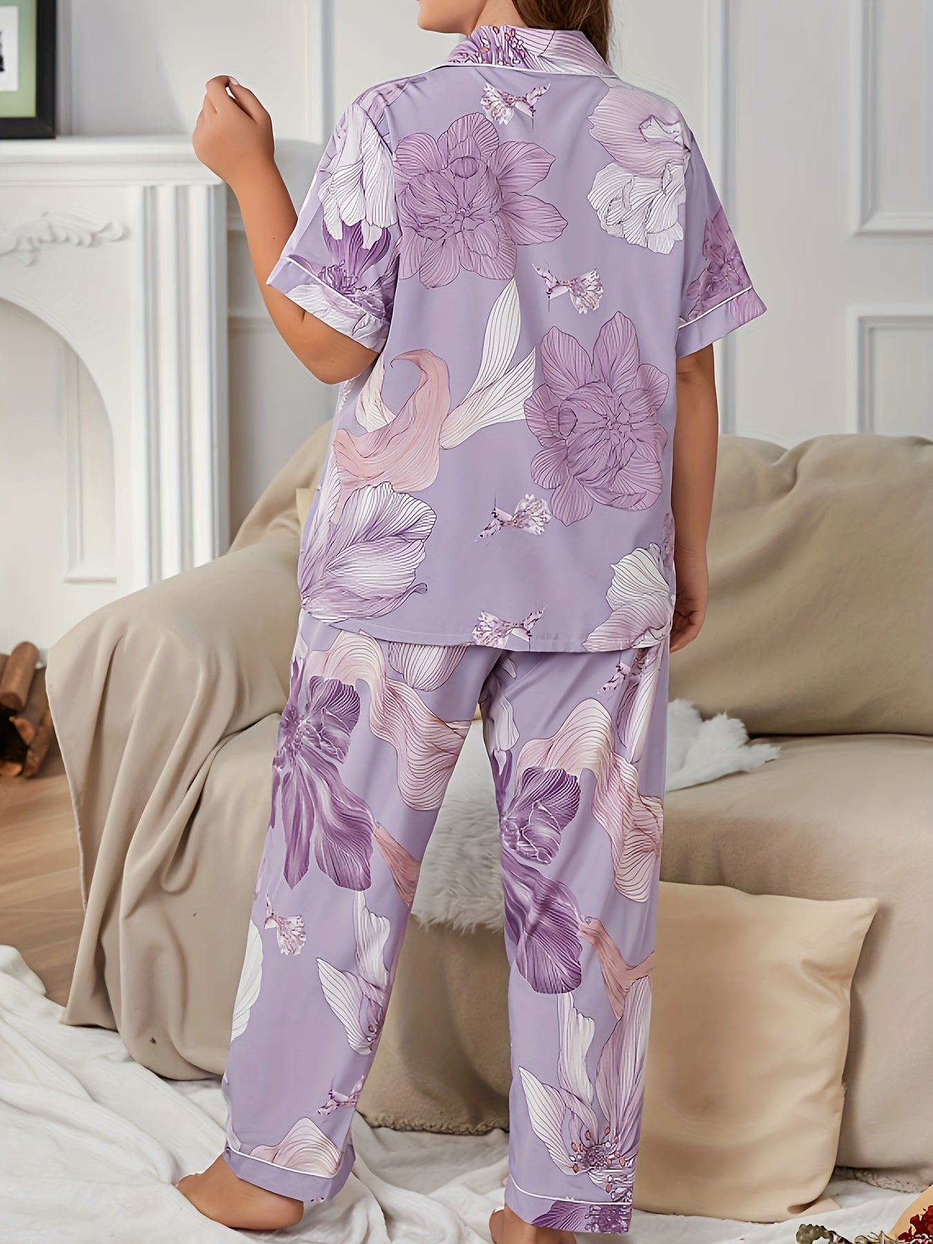 Floral Print Pajama Set Short Sleeve Button Up Shirt & Pants Lounge S