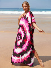  Boho Cover Up Dress Women's Tie Dye Bat Sleeve V Neck Stretch