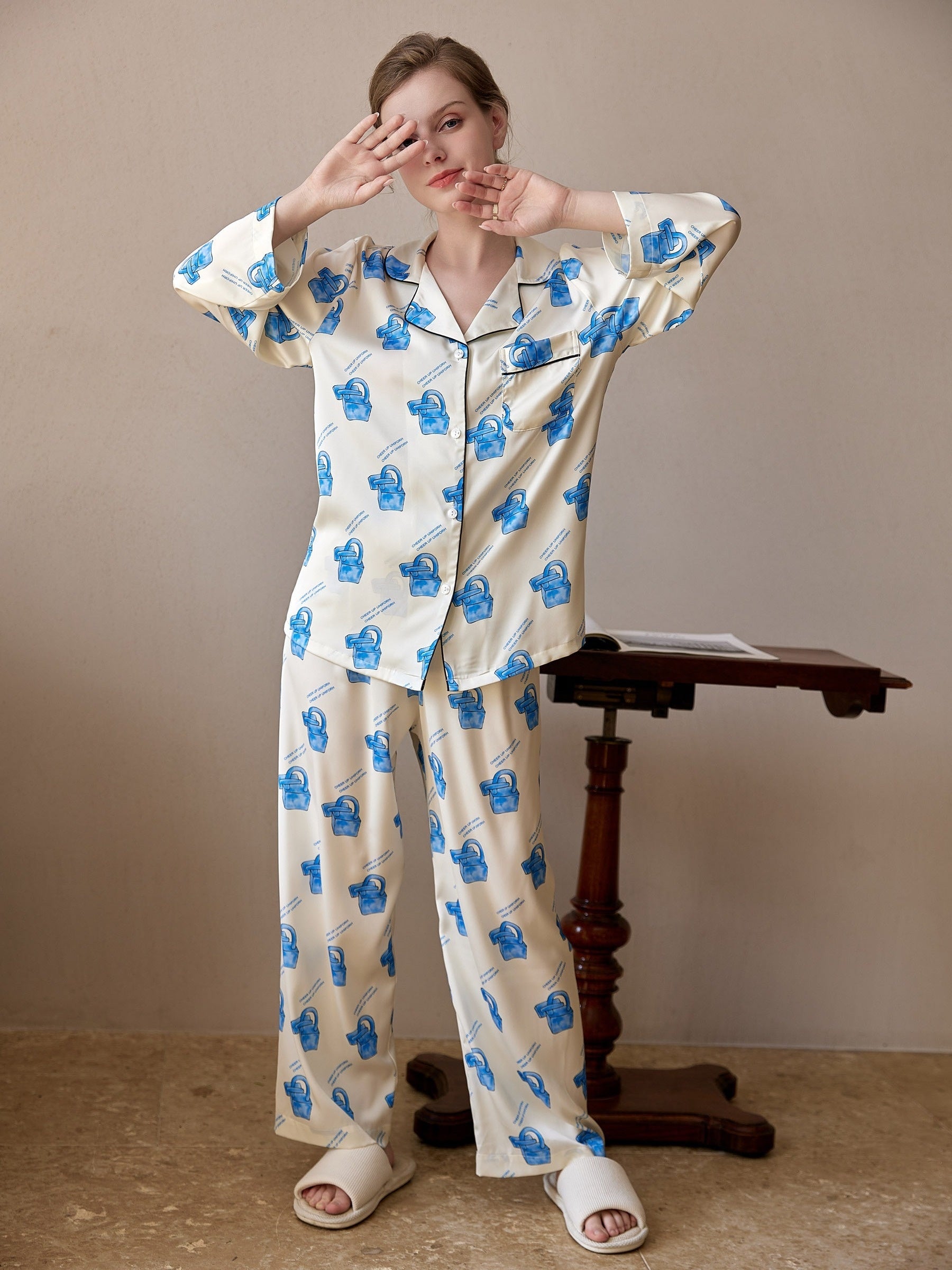 Locker Print Pajama Set Long Sleeve Top & Pants