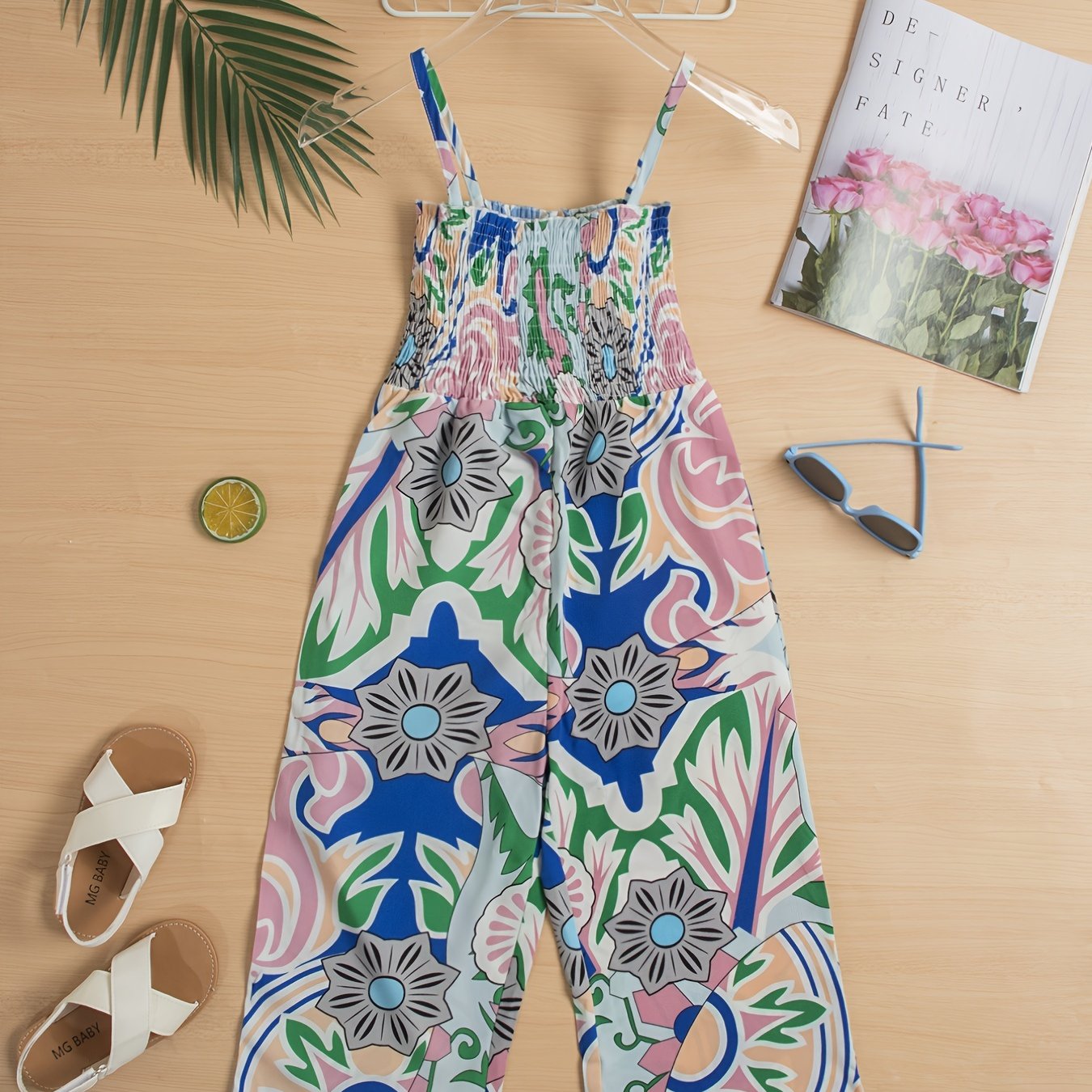 Floral Graphic Shirred Cami Romper Jumpsuit for Toddler Girls