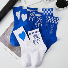 5 Pairs Love Bear Crew Socks Checkerboard Print Comfy Mid-tube Stockings