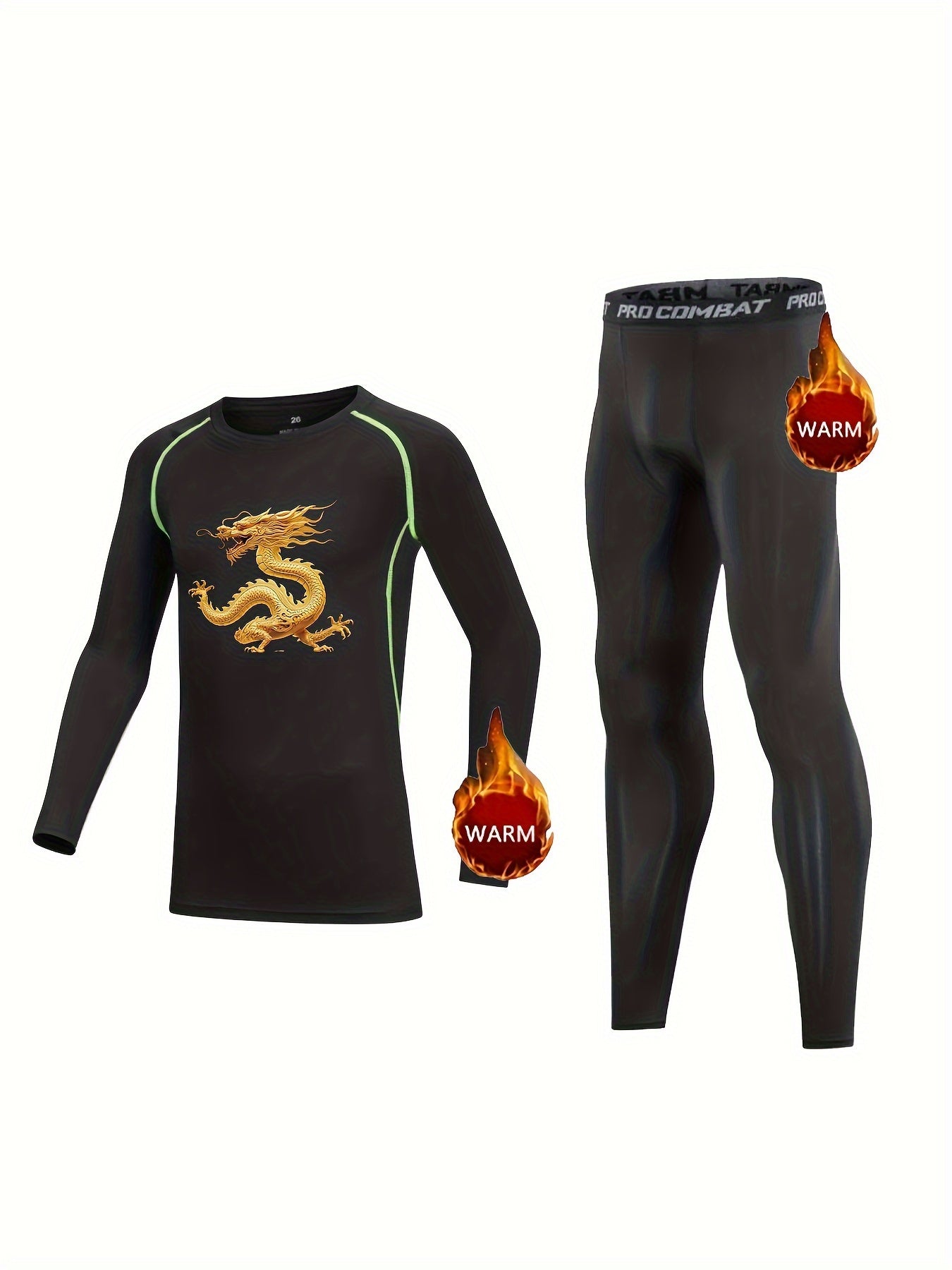 2pcs Kids Compression Fleece Sets Dragon Pattern Shirt & Pants